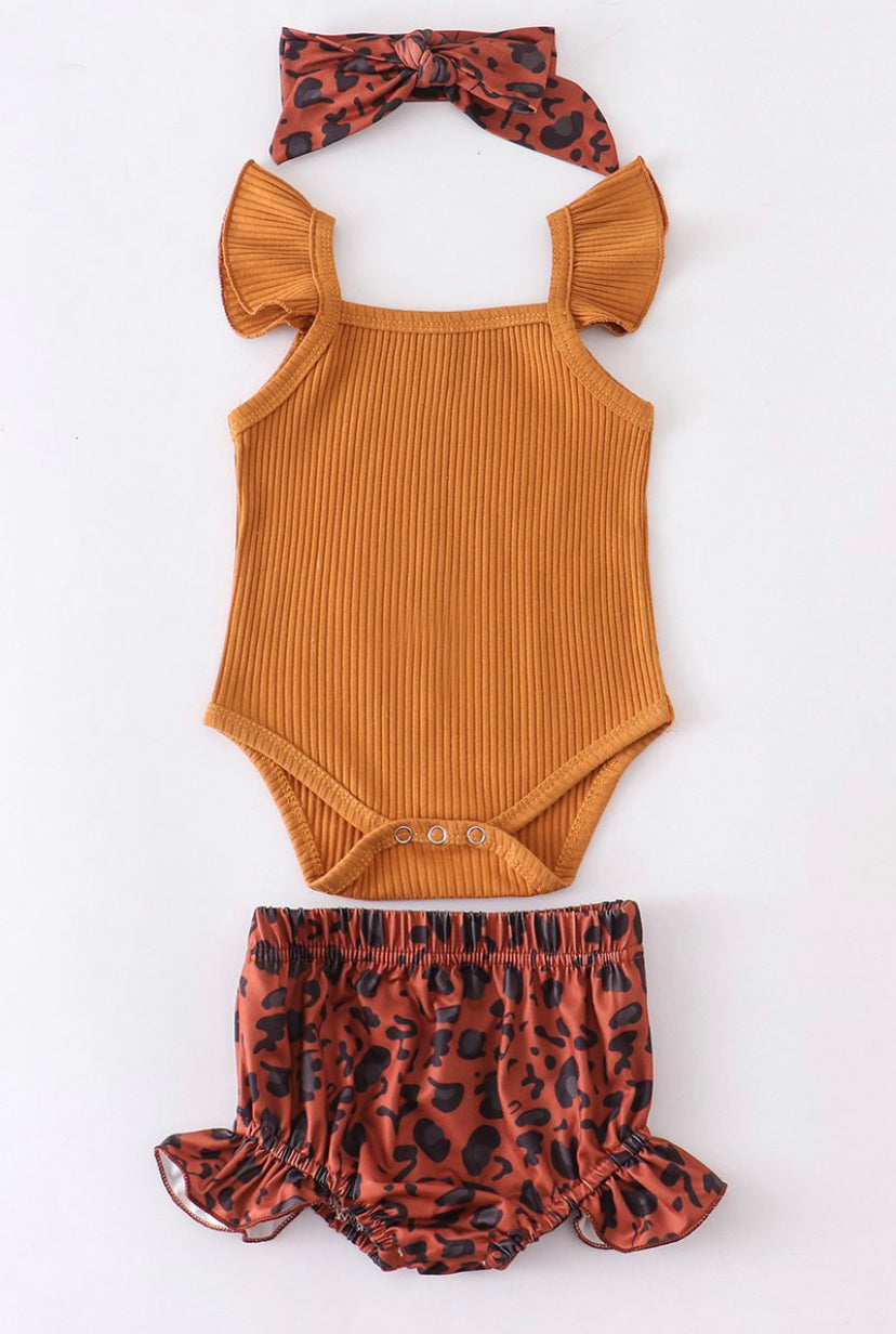 Rust Flutter Romper W/Leopard Short Set