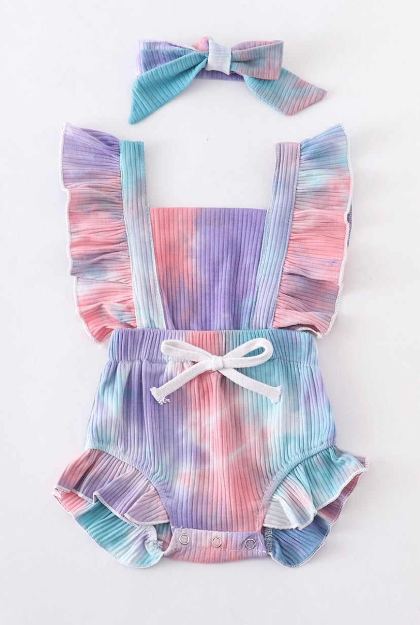 Tie Dye Flutter Baby Romper With Bow