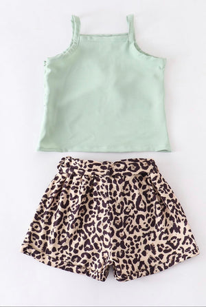 Mint Tie Front Leopard Shorts Set