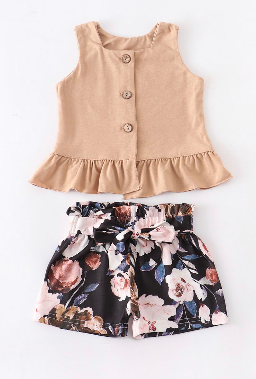 Beige Floral Paperbag Shorts Set