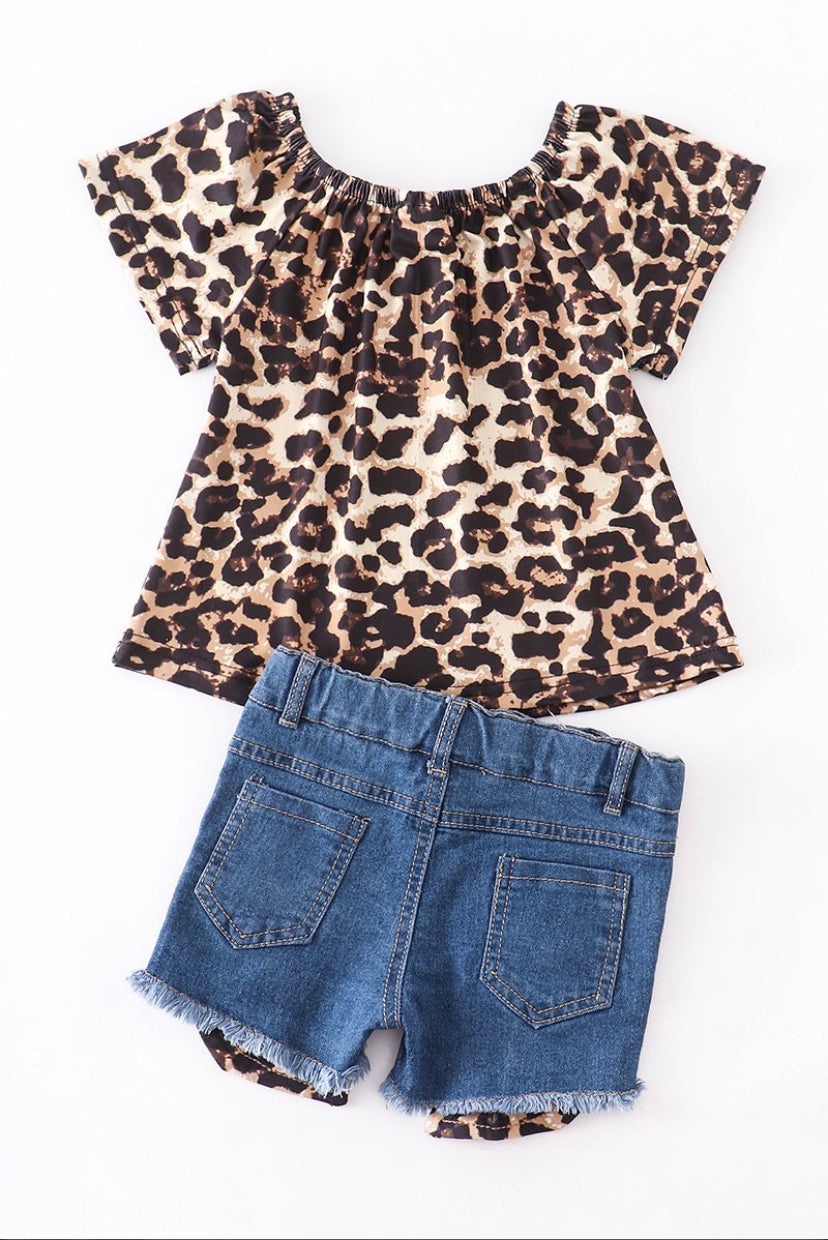 Leopard Denim Shorts Set