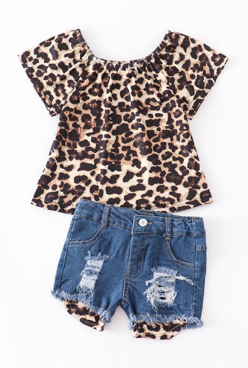 Leopard Denim Shorts Set